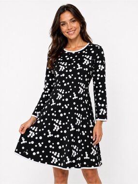 Black & White Polka Dot Long Sleeve Fit-and-Flare Dress